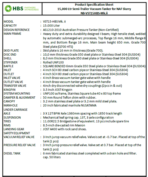 HBS Semi-Trailer Tri-Axle Vacuum Tanker, 15,000 Ltr Mark II, Oil & Gas Trim