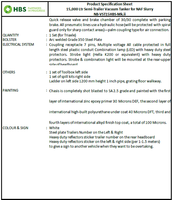 HBS Semi-Trailer Tri-Axle Vacuum Tanker, 15,000 Ltr Mark II, Oil & Gas Trim
